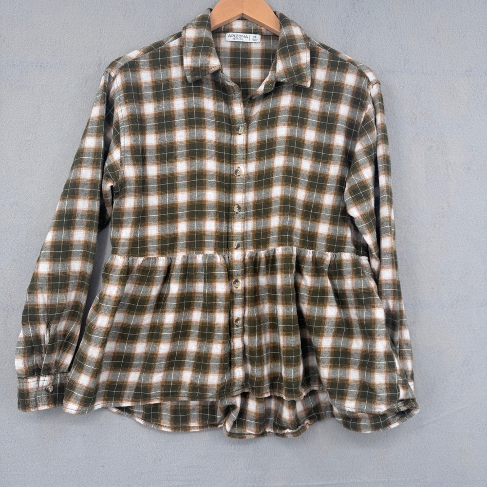 Arizona Jean Co Plaid Peplum Top Womens XS Olive Green Flannel Boho Cottagecore